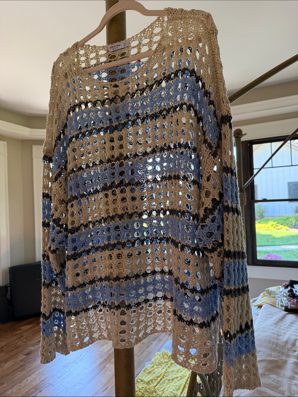 Arizona Jean Co. Open-Knit Striped Sweater - Beige & Blue